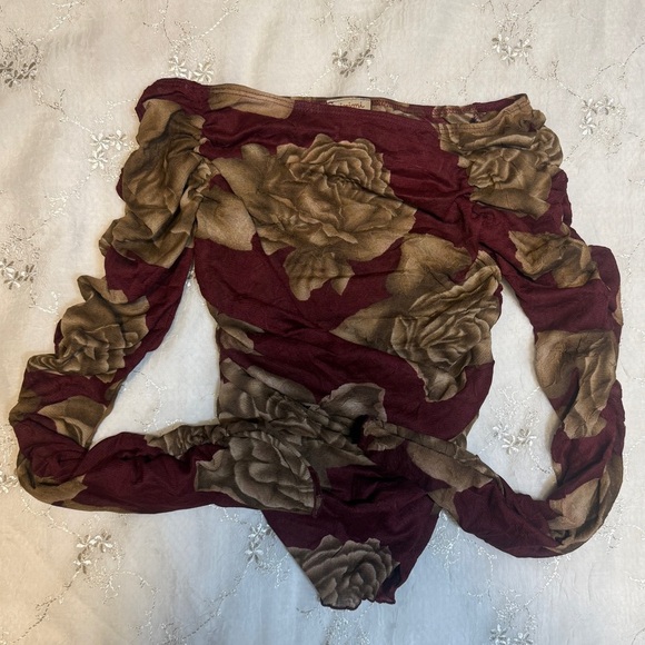 Deadstock Y2K Fall Rose Ruched Long Sleeve Bodysuit – Small (Made in USA) - Picture 1 of 4